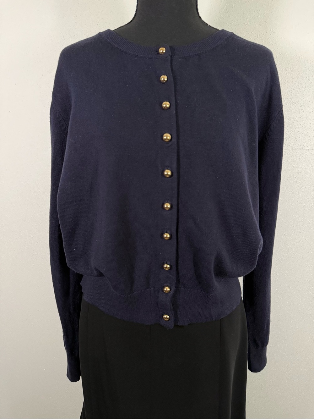 H&M Navy Gold Button Cardigan Soft Fine Knit Crewneck Women’s Large